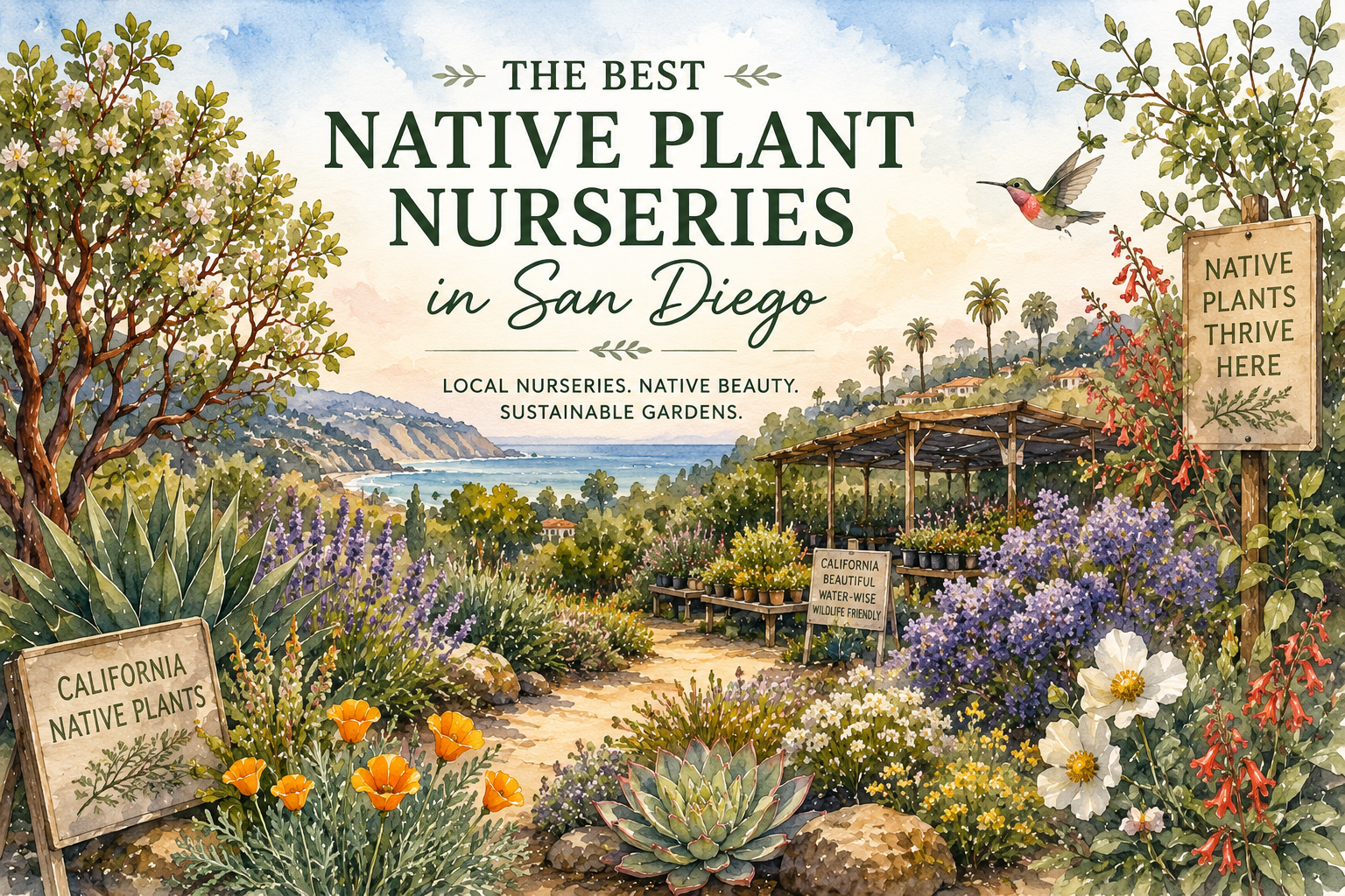 Watercolor illustration of a coastal San Diego native plant nursery with California poppies, sage, lavender, agave, and a hummingbird — title reads 'The Best Native Plant Nurseries in San Diego'