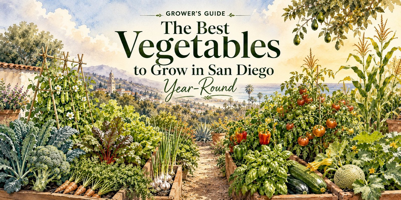 Watercolor illustration of a San Diego backyard vegetable garden with tomatoes, kale, squash, and herbs growing in raised beds under a bright California sky
